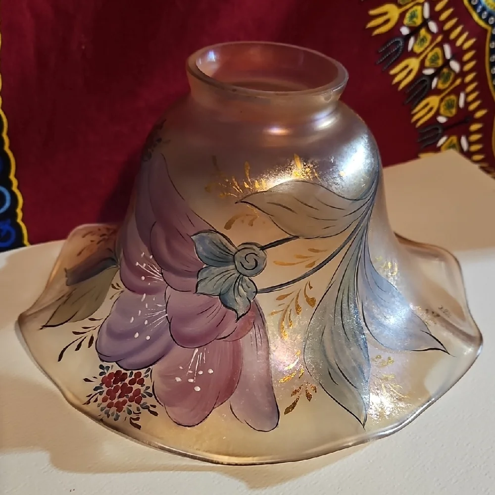 Signed Iridescent Floral Art Nouveau Hand Painted Lustre Ruffled Glass Shade